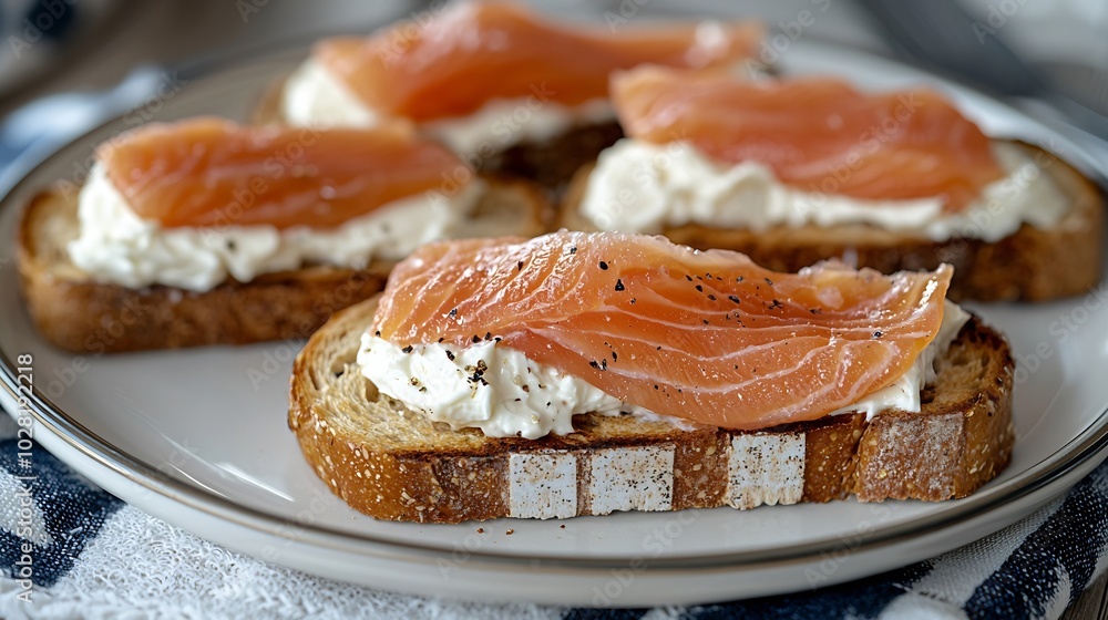 Sandwich toast with smoked salmon and cream cheese on white plate with Scottish flag Grey background Top view : Generative AI Sandwich toast with smoked salmon and cream cheese on white plate with Scottish flag Grey background Top view : Generative AI