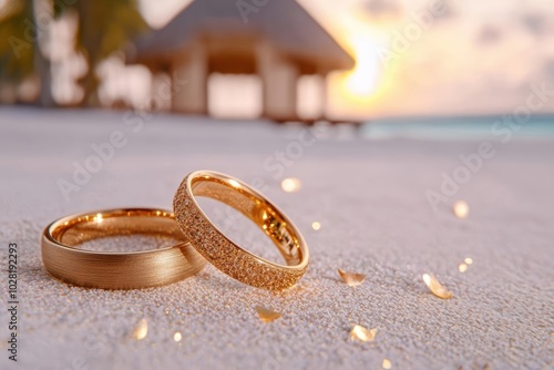 Wedding rings on sandy beach at sunset, romantic symbols of love and commitment. photo