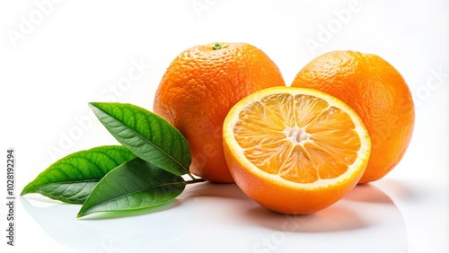 Whole orange displayed with vibrant slices and lush leaves against a clean white background, capturing the essence of fresh citrus fruit in stunning photography.