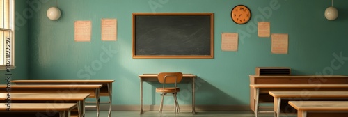 A vintage 70s classroom with empty wooden desks, a blackboard, and a clock. The room is painted in a light teal green with bright natural light streaming in from a window. This nostalgic scene is perf photo