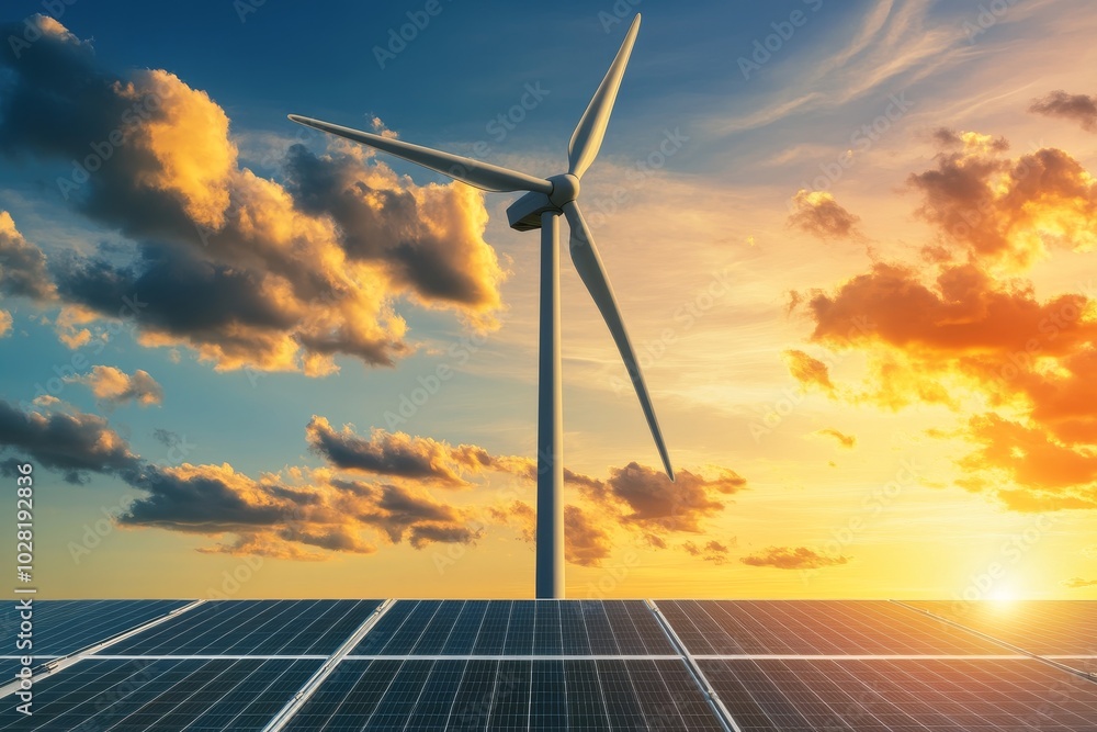 A wind turbine and solar panels stand tall against a vibrant sunset, symbolizing clean energy, sustainability, and a brighter future. A wind turbine and solar panels stand tall against a vibrant sunset, symbolizing clean energy, sustainability, and a brighter future.