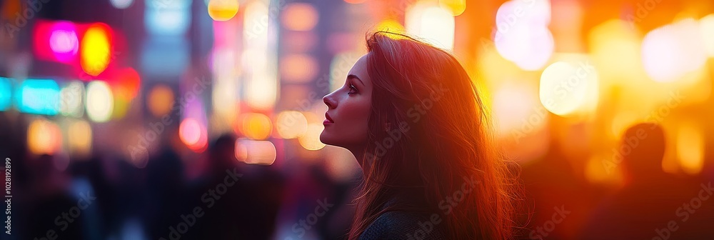 A woman stands in profile, gazing upwards at the vibrant city lights. Her expression is thoughtful and serene, suggesting a sense of wonder and awe. The warm glow of the lights bathes her in a soft li A woman stands in profile, gazing upwards at the vibrant city lights. Her expression is thoughtful and serene, suggesting a sense of wonder and awe. The warm glow of the lights bathes her in a soft li