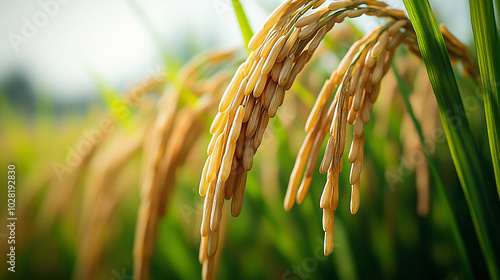 Close-up of golden rice stalks bending in lush green field. photo