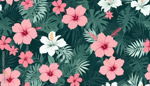 Mesmerizing white and pink tropical floral pattern with hibiscus