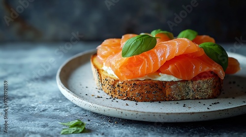 Sandwich toast with smoked salmon and cream cheese on white plate Marble background Copy space Top view : Generative AI photo