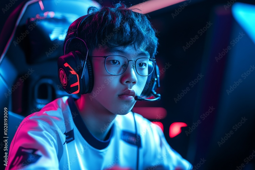 A young esports player with intense concentration, wearing a headset and glasses, illuminated by colorful lights, symbolizing passion, determination, strategy, competition, and victory. A young esports player with intense concentration, wearing a headset and glasses, illuminated by colorful lights, symbolizing passion, determination, strategy, competition, and victory.