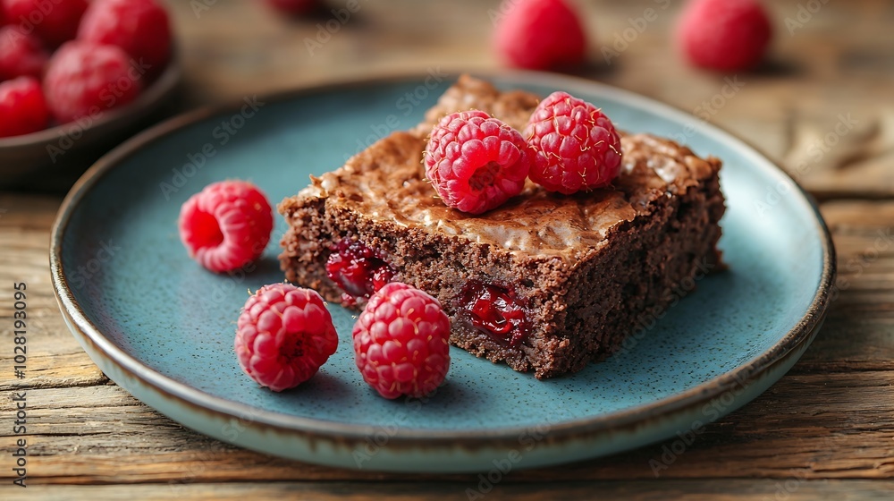 Brownies with fresh raspberry on a blue plate on a wooden background Selective focus : Generative AI Brownies with fresh raspberry on a blue plate on a wooden background Selective focus : Generative AI