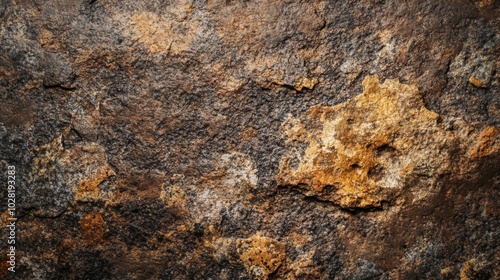 Close-up Texture of Rough, Weathered Stone with Orange and Black Tones