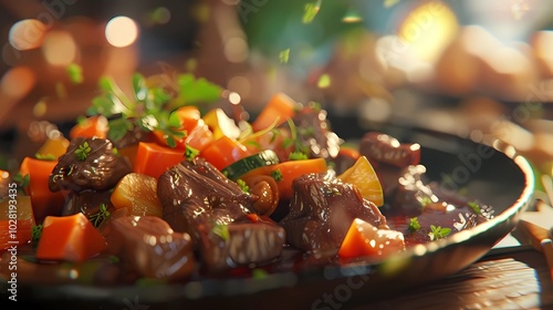 Close up a braised spicy beef, beef cut into small pieces with vegetables next to it, Generative AI illustrations. 
 photo