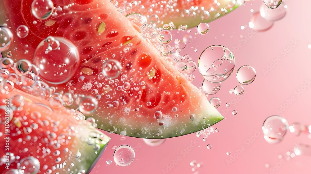Close up a watermelon slices and bubbles on a pink background, ice cubes, transparent, bright, Generative AI illustrations. Close up a watermelon slices and bubbles on a pink background, ice cubes, transparent, bright, Generative AI illustrations.