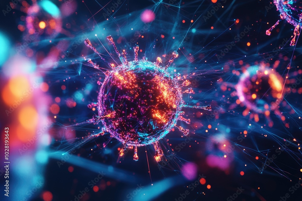 Abstract representation of viruses in vibrant colors against a dark background. Abstract representation of viruses in vibrant colors against a dark background.
