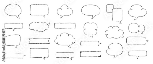 Set of text boxes and speech bubbles with crayon or chalk texture. Outline frames. Japan handwritten illustration on a white background.