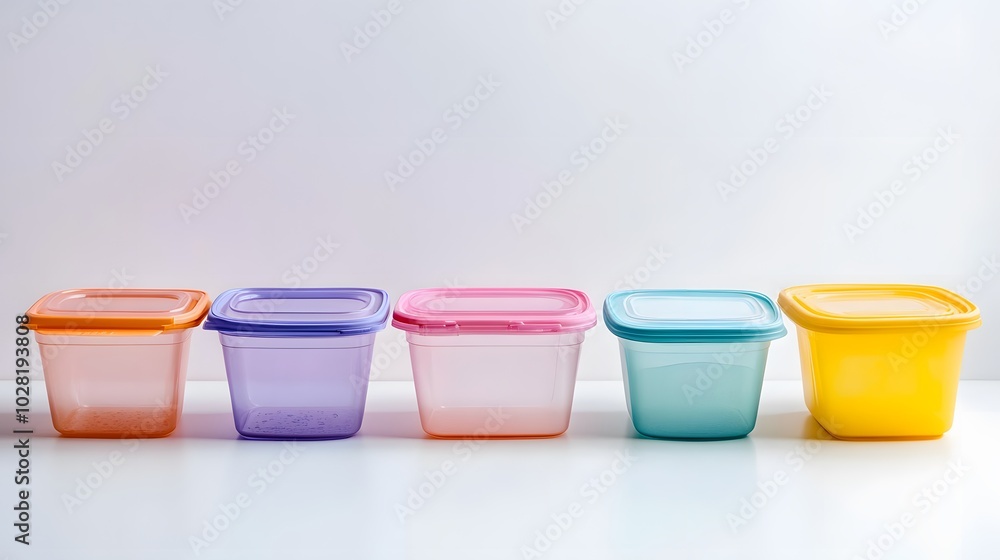 Plastic food storage containers on a white background. Plastic food storage containers on a white background.