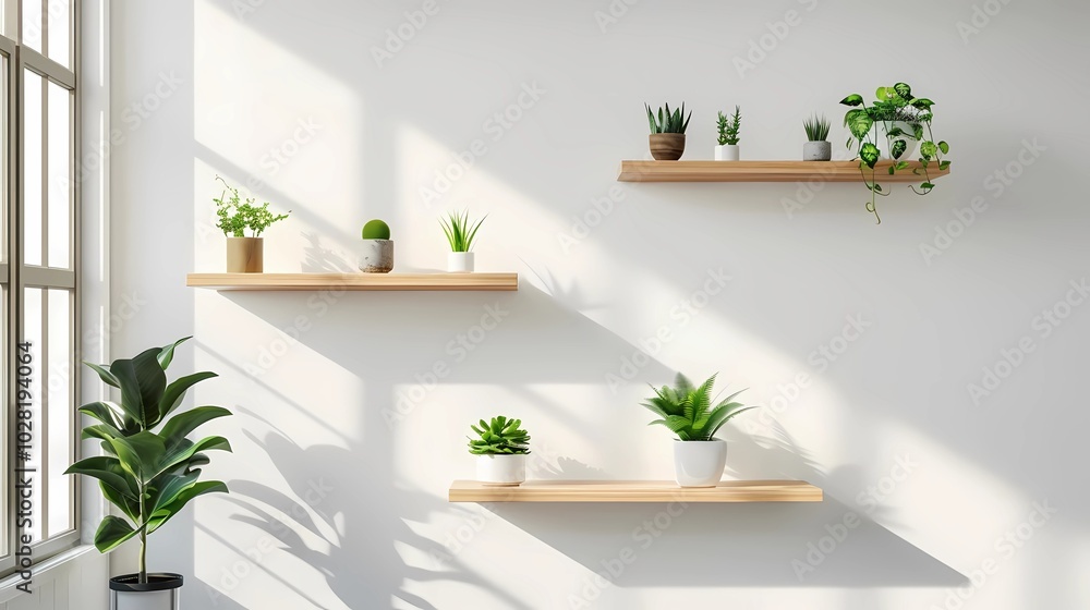 A white wall in a brightly lit room, floating wood shelves with small house plants, Generative AI illustrations. A white wall in a brightly lit room, floating wood shelves with small house plants, Generative AI illustrations.