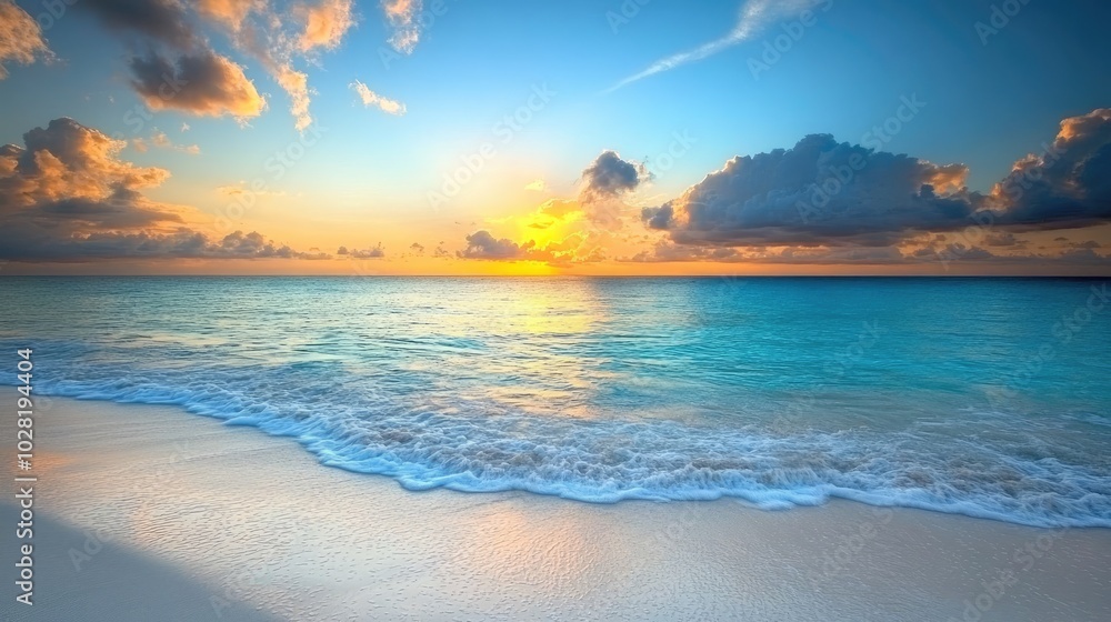 A serene beach with turquoise waters, soft white sand, and a glowing sunrise in the background, creating the perfect tranquil scene A serene beach with turquoise waters, soft white sand, and a glowing sunrise in the background, creating the perfect tranquil scene
