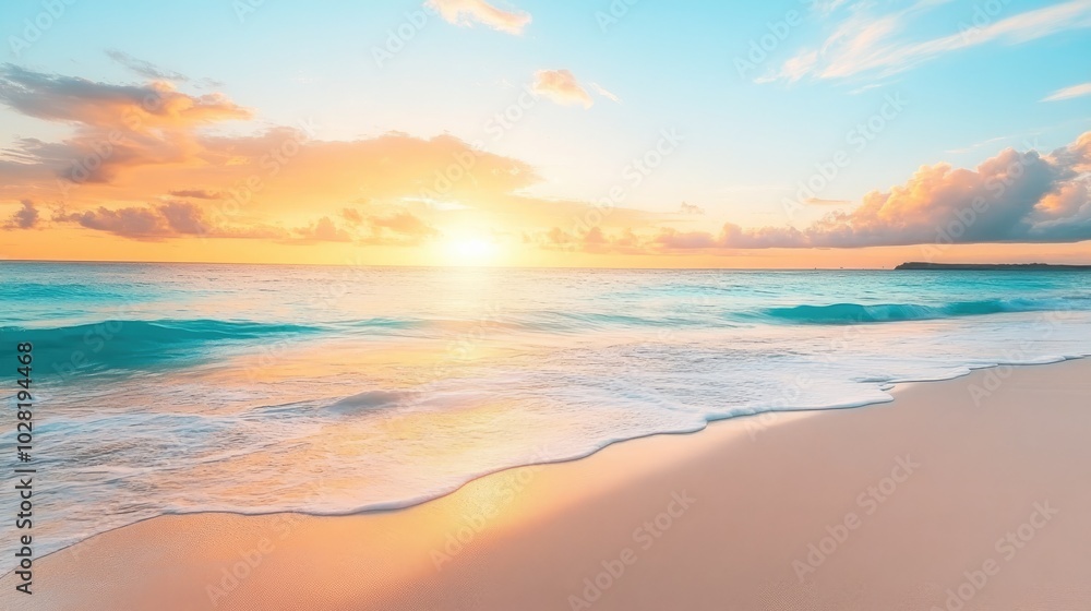 Fototapeta premium A serene coastal scene with turquoise waters, white sandy beach, and a vibrant sunrise casting soft colors across the sky, perfect for travel and nature