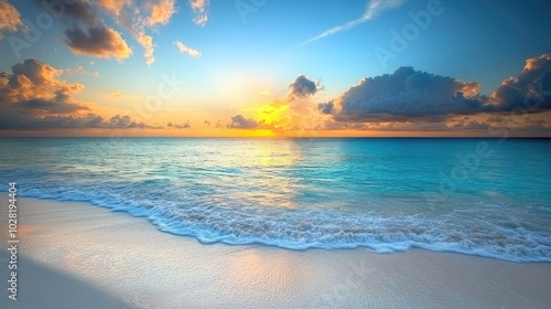 A serene beach with turquoise waters, soft white sand, and a glowing sunrise in the background, creating the perfect tranquil scene