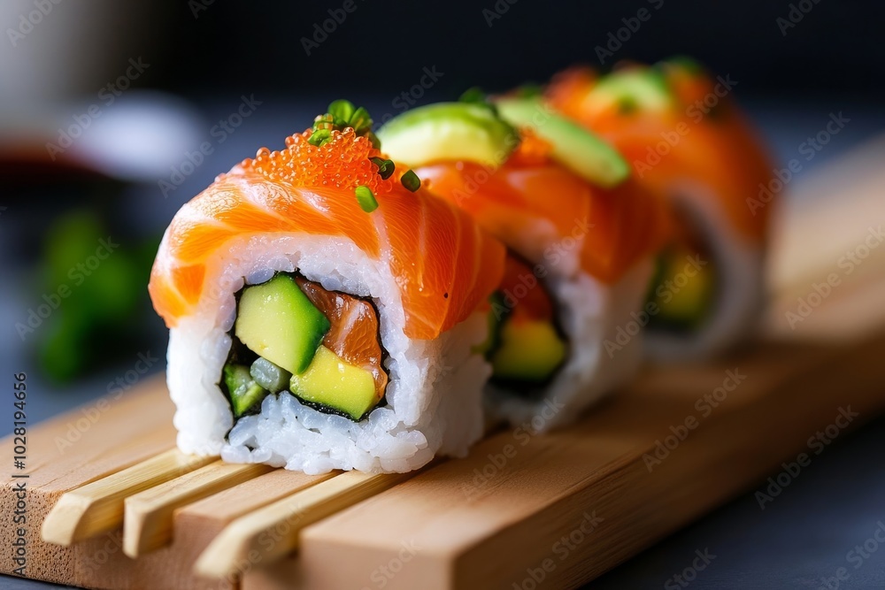 Fresh and vibrant sushi rolls featuring salmon, avocado, and crabmeat, perfect for a sushi lover's delight. Fresh and vibrant sushi rolls featuring salmon, avocado, and crabmeat, perfect for a sushi lover's delight.