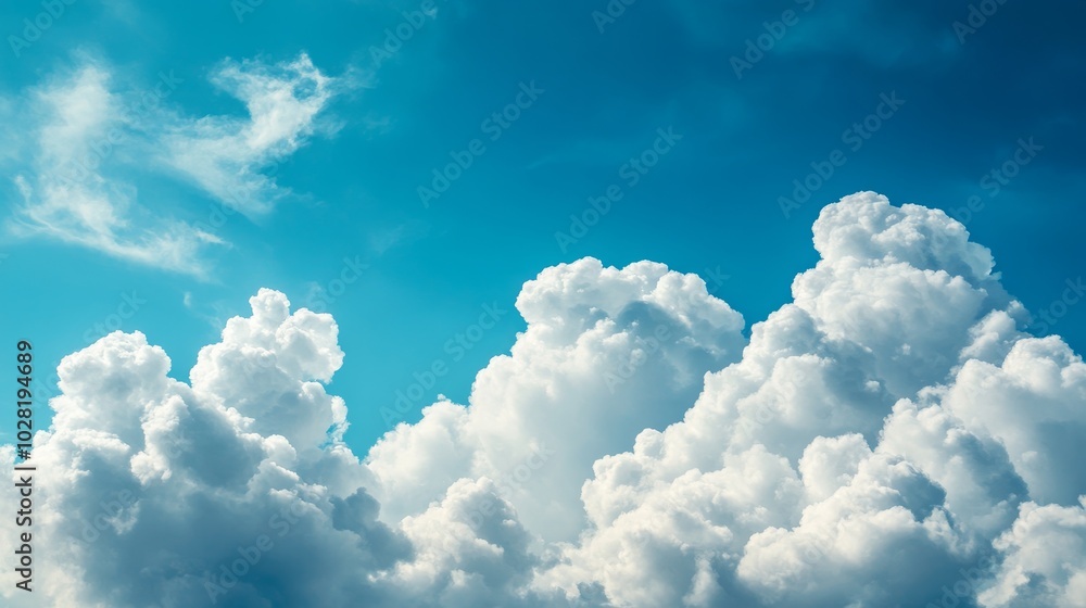 Fluffy white clouds fill the bright blue sky, symbolizing peace, tranquility, hope, and a sense of endless possibility. The scene evokes feelings of calm and serenity. Fluffy white clouds fill the bright blue sky, symbolizing peace, tranquility, hope, and a sense of endless possibility. The scene evokes feelings of calm and serenity.
