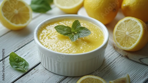 Lemon pudding cake with fresh lemons on a white wooden background : Generative AI photo