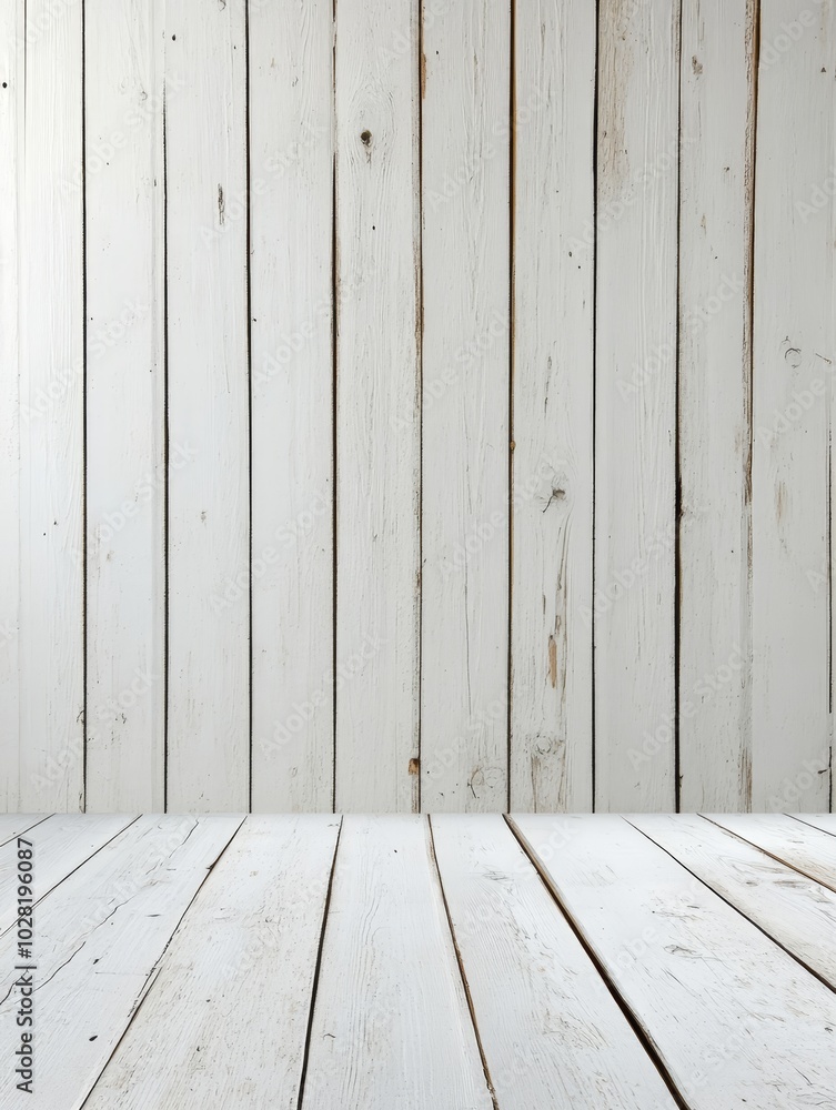 Weathered white wooden floor and wall background, perfect for product photography or showcasing minimalist designs. This versatile backdrop offers a clean and rustic aesthetic. Weathered white wooden floor and wall background, perfect for product photography or showcasing minimalist designs. This versatile backdrop offers a clean and rustic aesthetic.