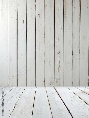 Weathered white wooden floor and wall background, perfect for product photography or showcasing minimalist designs. This versatile backdrop offers a clean and rustic aesthetic.