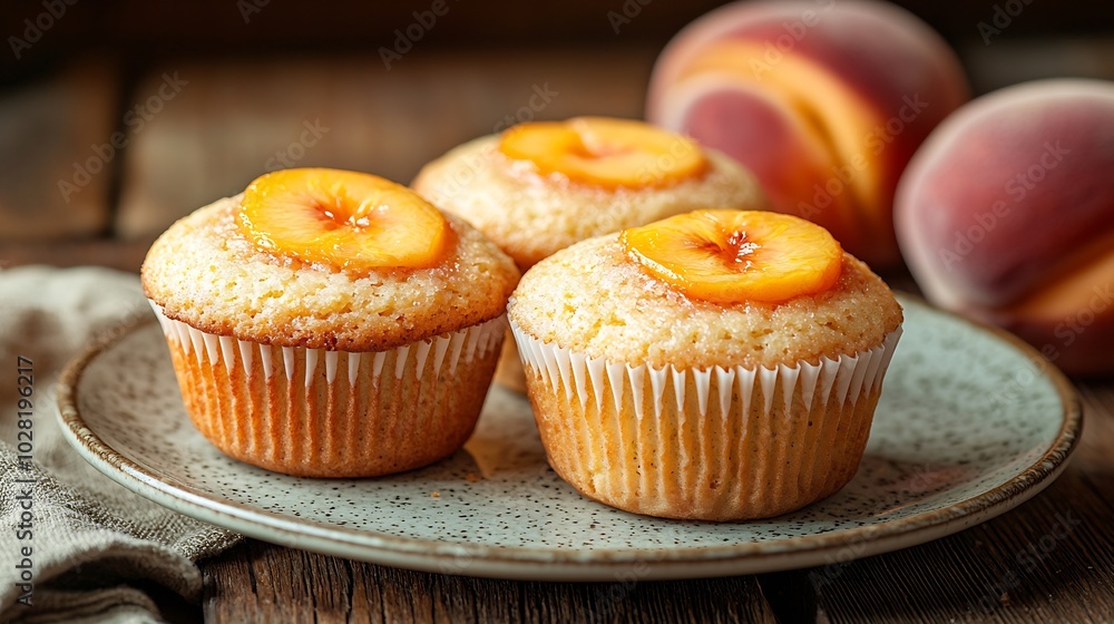 Peach muffins cupcakes on a plate Close up : Generative AI Peach muffins cupcakes on a plate Close up : Generative AI