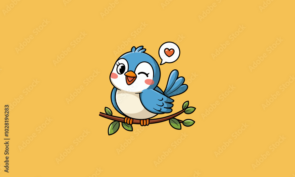 Cute blue bird winking on a branch with a heart bubble. Cute blue bird winking on a branch with a heart bubble.