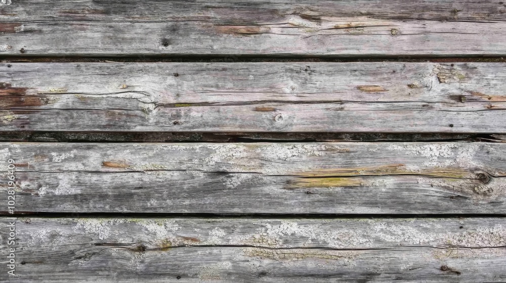 Weathered Gray Wooden Planks with White and Green Growth Weathered Gray Wooden Planks with White and Green Growth