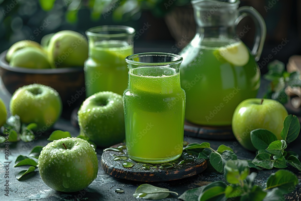 Refreshing green juice in a glass jar with fresh green apples. Refreshing green juice in a glass jar with fresh green apples.