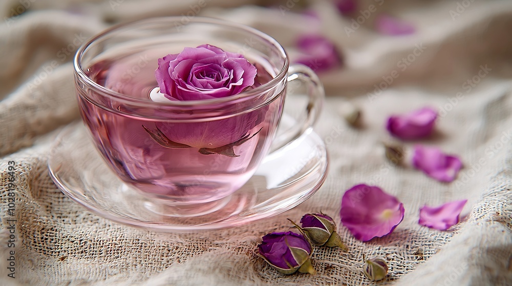 Rose flower herbal tea in a glass cup with dry rose buds in it on a white textile background : Generative AI Rose flower herbal tea in a glass cup with dry rose buds in it on a white textile background : Generative AI