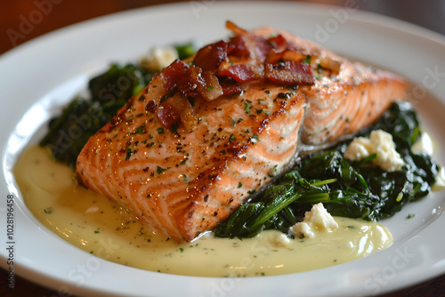 a regular serving size of well cooked salmon with a mayonaise looking sauce, accompanied by a sauteed spinach with crispy bacon and feta ona white plate photo