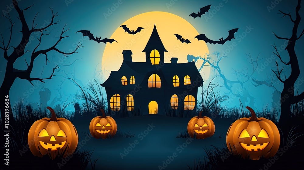 Halloween Night with a Haunted House and Jack-o'-Lanterns Halloween Night with a Haunted House and Jack-o'-Lanterns