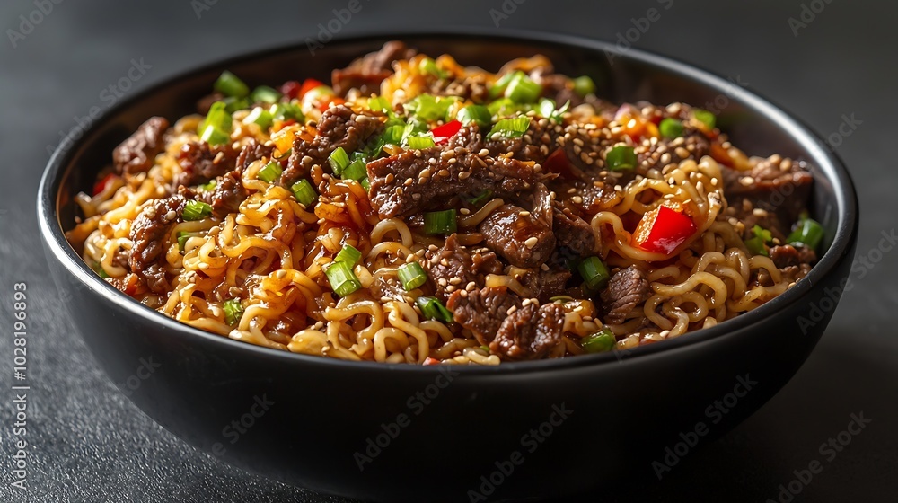 Stir fry noodles with vegetables and beef in black bowl Slate background Copy space : Generative AI Stir fry noodles with vegetables and beef in black bowl Slate background Copy space : Generative AI