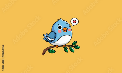 Cute blue bird winking on a branch with a heart bubble.