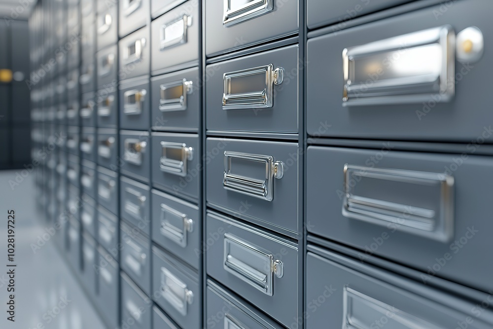 A row of filing cabinets with silver handles and metal doors A row of filing cabinets with silver handles and metal doors