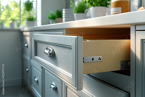 A kitchen with a white cabinet and a drawer that is open