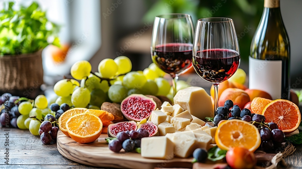 Cheese and fruits assortment on cutting board with red and white wine on wooden background Copy space : Generative AI Cheese and fruits assortment on cutting board with red and white wine on wooden background Copy space : Generative AI