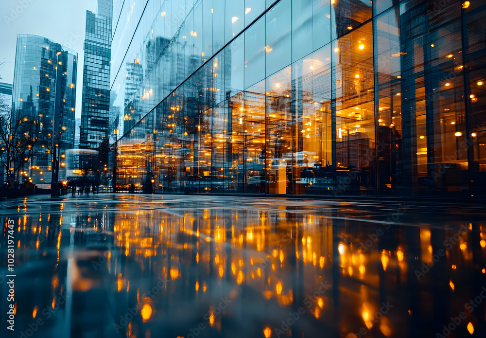 Modern city skyscrapers with reflections in wet pavement. Modern city skyscrapers with reflections in wet pavement.