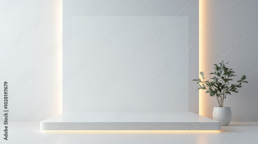 A minimalist display featuring clean white backdrop with soft lighting and potted plant, creating serene and modern atmosphere. This setup is perfect for showcasing products or art A minimalist display featuring clean white backdrop with soft lighting and potted plant, creating serene and modern atmosphere. This setup is perfect for showcasing products or art