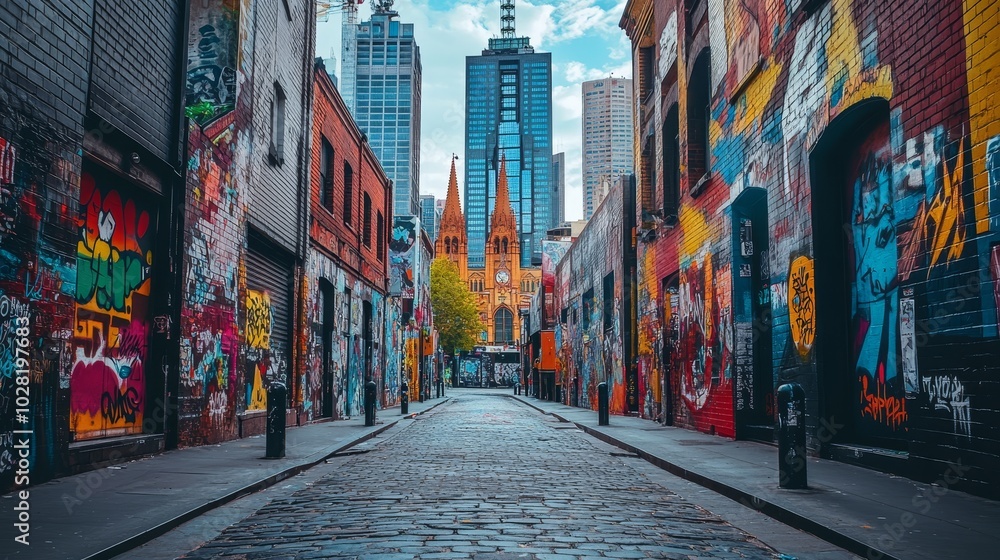 Fototapeta premium A throwback scene where dynamic street art vibrates under the shadows of towering skyscrapers, merging gritty urban culture with modern architecture