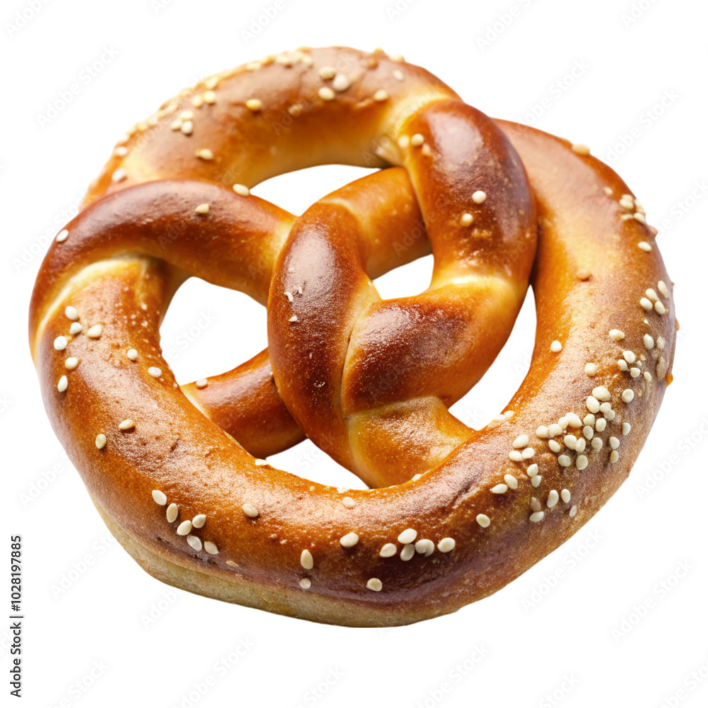 Delicious, chewy soft pretzel topped with sesame seeds, featuring a golden-brown crust, isolated on a white surface Delicious, chewy soft pretzel topped with sesame seeds, featuring a golden-brown crust, isolated on a white surface