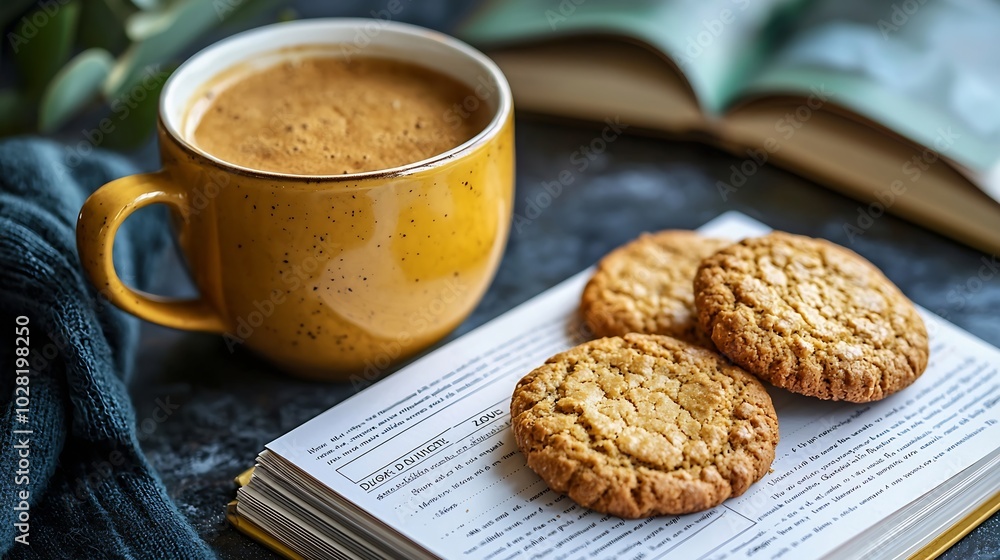 A cup of coffee with cookies and day planner organizer and postcard Breakfast table : Generative AI A cup of coffee with cookies and day planner organizer and postcard Breakfast table : Generative AI