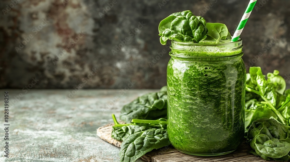 Spinach smoothie Healthy drink in glass jar on white wooden background Copy space : Generative AI Spinach smoothie Healthy drink in glass jar on white wooden background Copy space : Generative AI