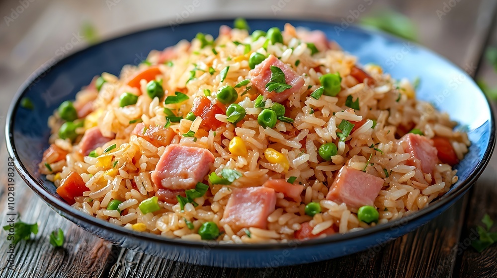 Asian fried rice with ham and vegetables Blue wooden background Close up : Generative AI Asian fried rice with ham and vegetables Blue wooden background Close up : Generative AI