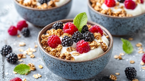 Healthy breakfast Maple syrup glazes oat granola with pumpkin seeds fresh berries and yogurt : Generative AI