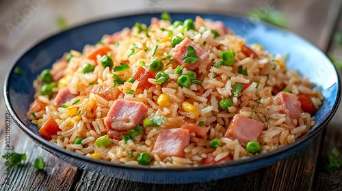 Asian fried rice with ham and vegetables Blue wooden background Close up : Generative AI