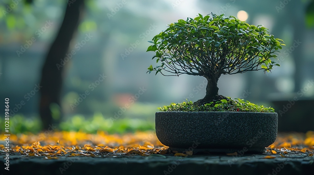 Green tree in a stone pot Bonsai SElective focus : Generative AI Green tree in a stone pot Bonsai SElective focus : Generative AI