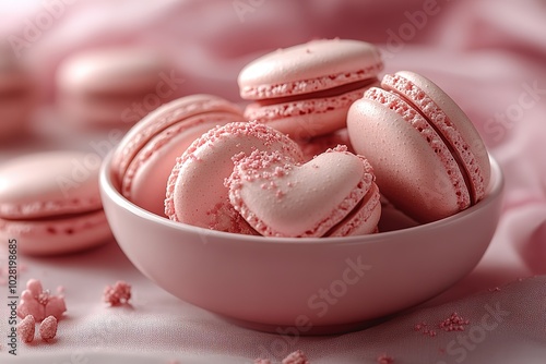 A bowl of pink macarons with hearts on top