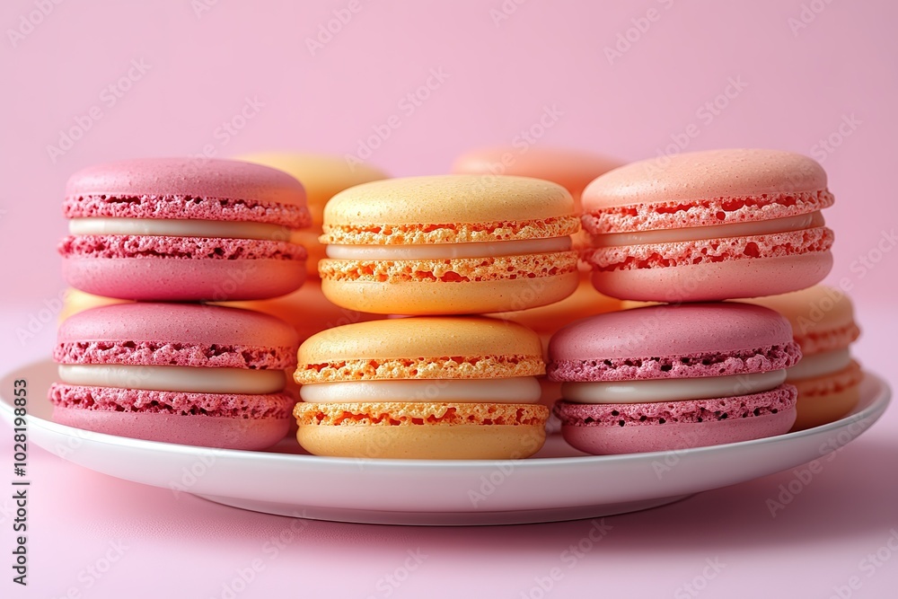 Fototapeta premium A plate of macarons with pink, orange, and yellow flavors
